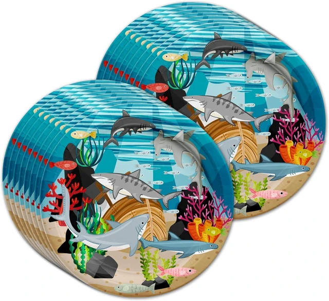 Alt view image 2 of 7 - Shark Birthday Party Supplies - Ocean Animal Theme Party Supplies - Coral Reef Party Supplies | Tableware Set Includes Plates, Napkins and Cups | Kit for 16