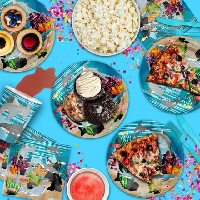 Alt view image 6 of 7 - Shark Birthday Party Supplies - Ocean Animal Theme Party Supplies - Coral Reef Party Supplies | Tableware Set Includes Plates, Napkins and Cups | Kit for 16