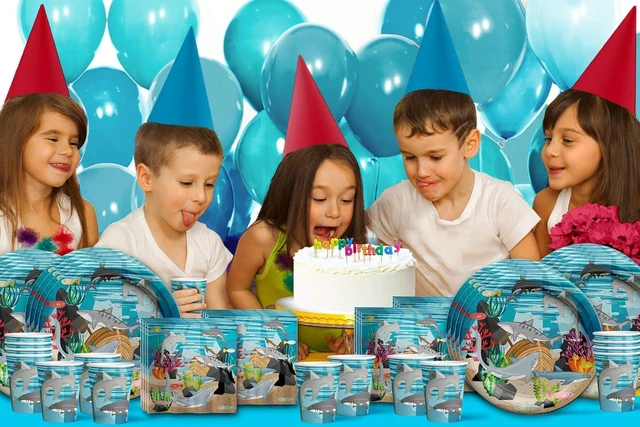 Alt view image 7 of 7 - Shark Birthday Party Supplies - Ocean Animal Theme Party Supplies - Coral Reef Party Supplies | Tableware Set Includes Plates, Napkins and Cups | Kit for 16