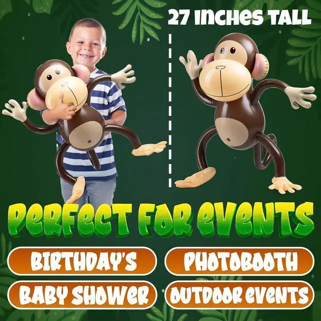 Alt view image 4 of 7 - Large Inflatable Monkey (Pack of 3) 27-Inch Monkeys for Baby Shower, Safari, Jungle Themed Birthdays, Blow Up Animal Party Favors and Decorations for Kids and Toddlers