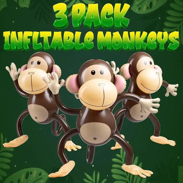Alt view image 6 of 7 - Large Inflatable Monkey (Pack of 3) 27-Inch Monkeys for Baby Shower, Safari, Jungle Themed Birthdays, Blow Up Animal Party Favors and Decorations for Kids and Toddlers