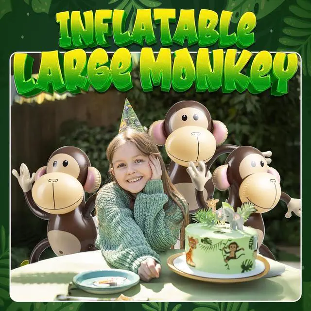 Alt view image 7 of 7 - Large Inflatable Monkey (Pack of 3) 27-Inch Monkeys for Baby Shower, Safari, Jungle Themed Birthdays, Blow Up Animal Party Favors and Decorations for Kids and Toddlers