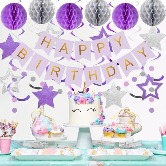 Alt view image 2 of 7 - meowtastic Birthday Decorations, Happy Birthday Banner with Honeycomb Balls, Star Hanging Swirl Streamers, Circle Dot Garland, Happy Birthday Party Decoration for Women Men Boys Girls (Purple&Silver)