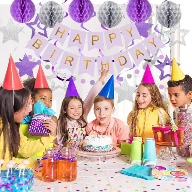 Alt view image 3 of 7 - meowtastic Birthday Decorations, Happy Birthday Banner with Honeycomb Balls, Star Hanging Swirl Streamers, Circle Dot Garland, Happy Birthday Party Decoration for Women Men Boys Girls (Purple&Silver)