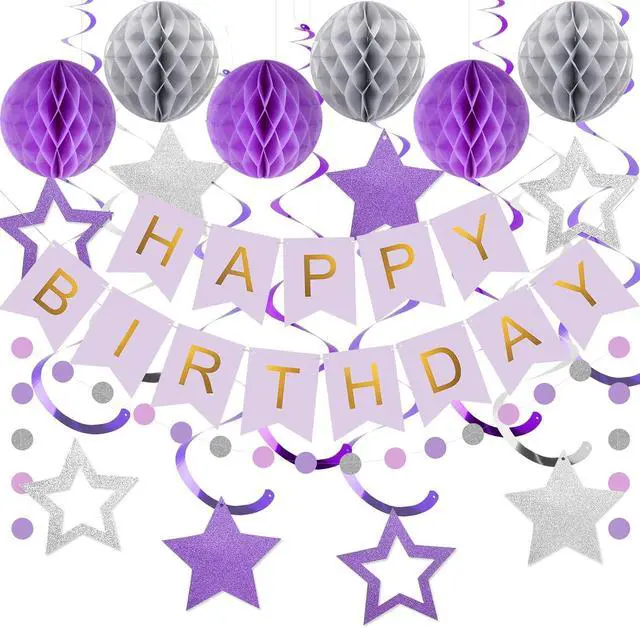 Main image of meowtastic Birthday Decorations, Happy Birthday Banner with Honeycomb Balls, Star Hanging Swirl Streamers, Circle Dot Garland, Happy Birthday Party Decoration for Women Men Boys Girls (Purple&Silver)