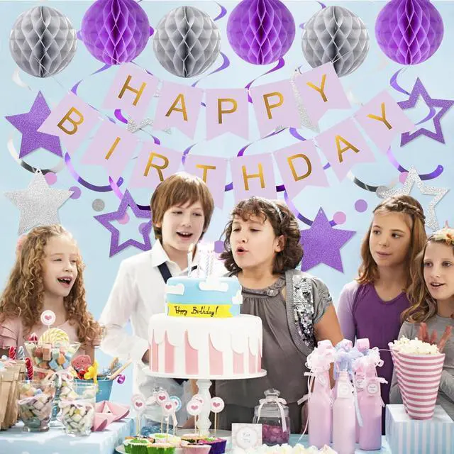 Alt view image 5 of 7 - meowtastic Birthday Decorations, Happy Birthday Banner with Honeycomb Balls, Star Hanging Swirl Streamers, Circle Dot Garland, Happy Birthday Party Decoration for Women Men Boys Girls (Purple&Silver)