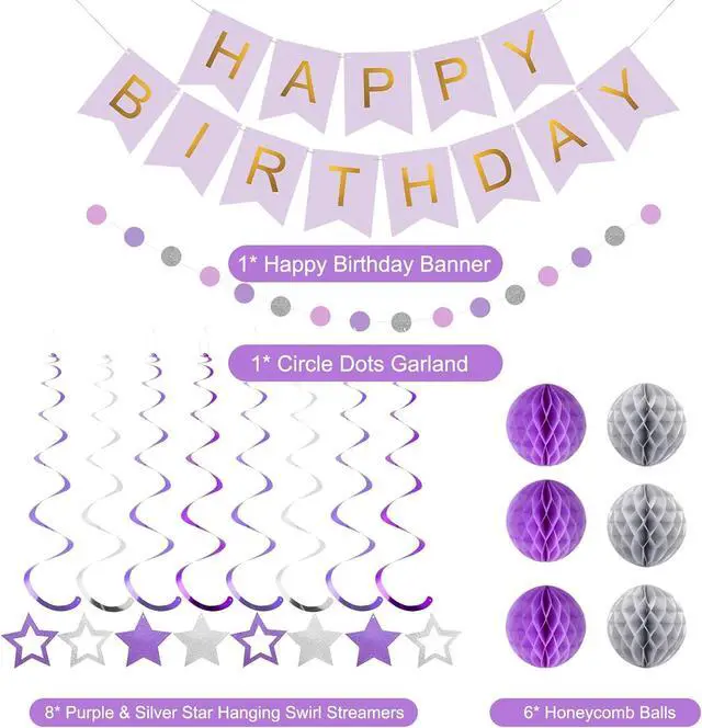 Alt view image 6 of 7 - meowtastic Birthday Decorations, Happy Birthday Banner with Honeycomb Balls, Star Hanging Swirl Streamers, Circle Dot Garland, Happy Birthday Party Decoration for Women Men Boys Girls (Purple&Silver)