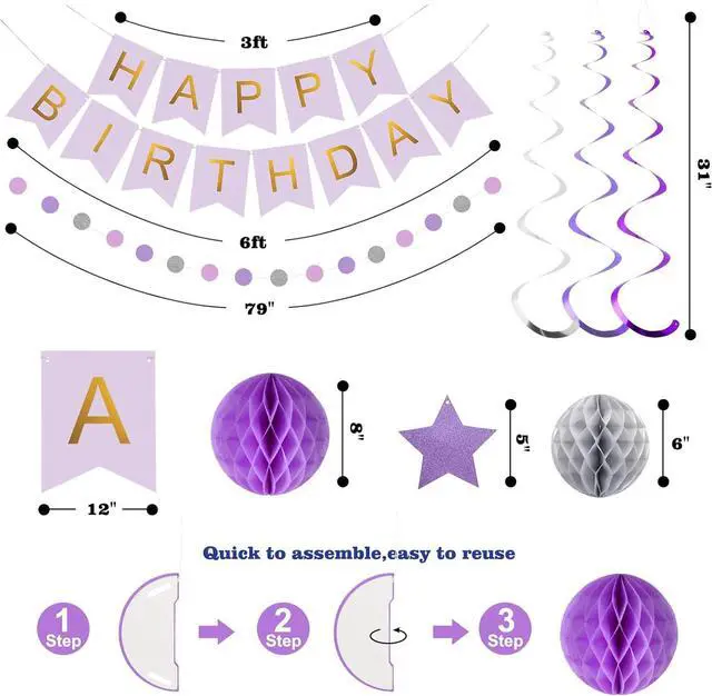 Alt view image 7 of 7 - meowtastic Birthday Decorations, Happy Birthday Banner with Honeycomb Balls, Star Hanging Swirl Streamers, Circle Dot Garland, Happy Birthday Party Decoration for Women Men Boys Girls (Purple&Silver)