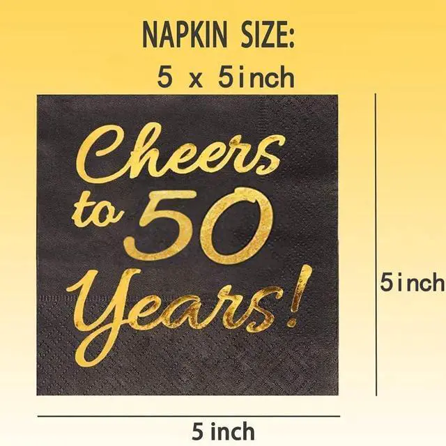 Main image of 50th Birthday Decorations Men - 50PK - Cheers to 50 Years Napkins 50th Anniversary Decorations 5x5 Inches, Disposable Cocktail Napkins Paper for 50th Wedding Anniversary Decorations Black and Gold