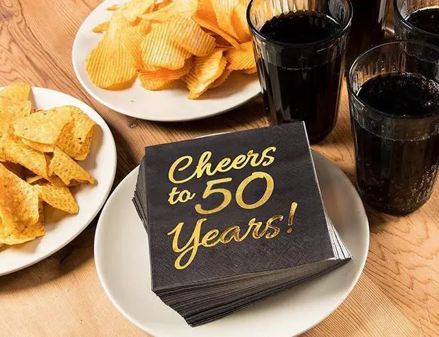 Alt view image 2 of 4 - 50th Birthday Decorations Men - 50PK - Cheers to 50 Years Napkins 50th Anniversary Decorations 5x5 Inches, Disposable Cocktail Napkins Paper for 50th Wedding Anniversary Decorations Black and Gold