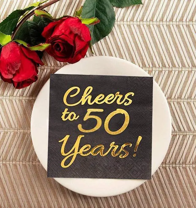 Alt view image 3 of 4 - 50th Birthday Decorations Men - 50PK - Cheers to 50 Years Napkins 50th Anniversary Decorations 5x5 Inches, Disposable Cocktail Napkins Paper for 50th Wedding Anniversary Decorations Black and Gold