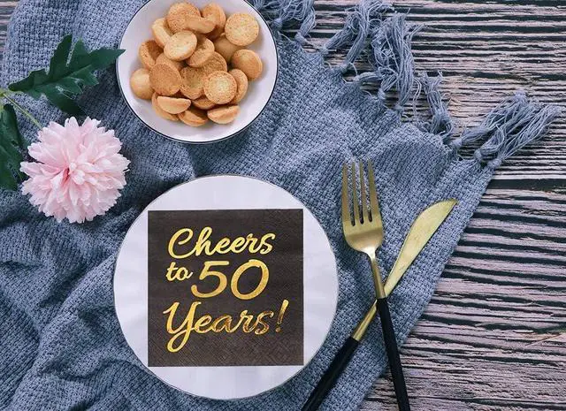Alt view image 4 of 4 - 50th Birthday Decorations Men - 50PK - Cheers to 50 Years Napkins 50th Anniversary Decorations 5x5 Inches, Disposable Cocktail Napkins Paper for 50th Wedding Anniversary Decorations Black and Gold