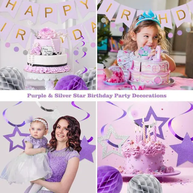 Alt view image 4 of 7 - meowtastic Birthday Decorations, Happy Birthday Banner with Honeycomb Balls, Star Hanging Swirl Streamers, Circle Dot Garland, Happy Birthday Party Decoration for Women Men Boys Girls (Purple&Silver)