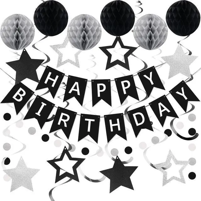 Main image of meowtastic Birthday Decorations, Happy Birthday Banner with Honeycomb Balls, Star Hanging Swirl Streamer, Circle Dot Garland, Happy Birthday Party Decoration for Women Men Boys Girls (Black & Silver)