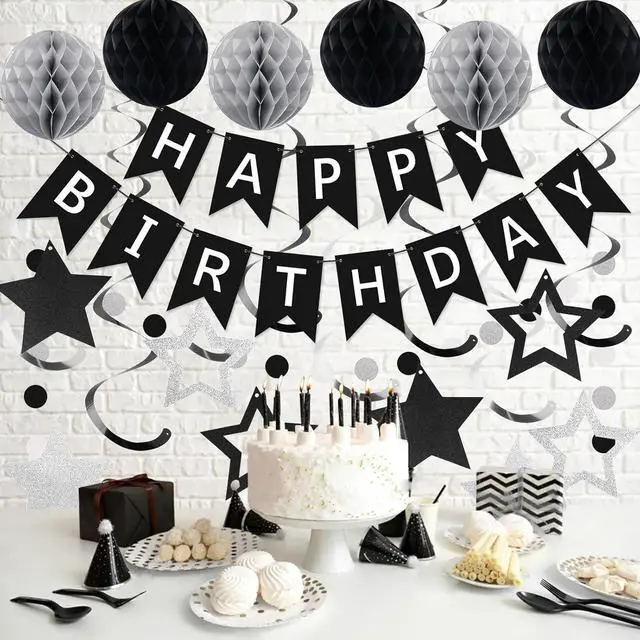 Alt view image 2 of 7 - meowtastic Birthday Decorations, Happy Birthday Banner with Honeycomb Balls, Star Hanging Swirl Streamer, Circle Dot Garland, Happy Birthday Party Decoration for Women Men Boys Girls (Black & Silver)
