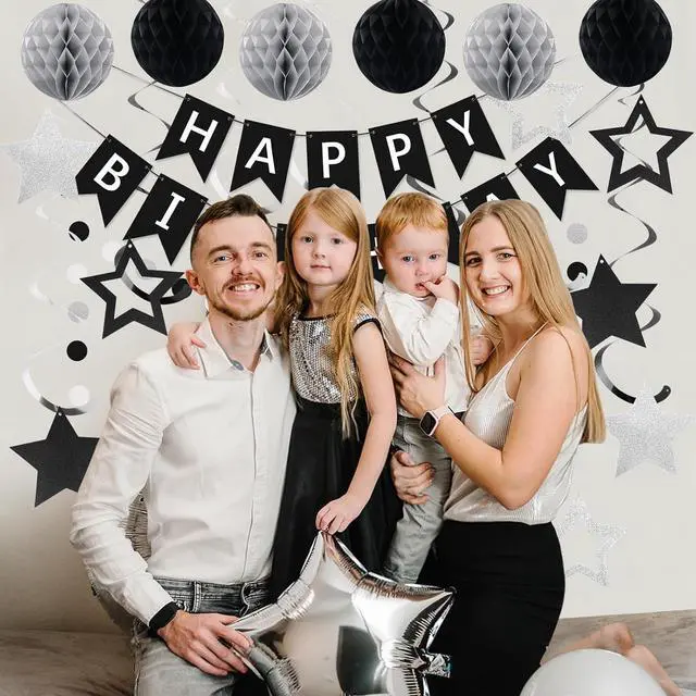 Alt view image 3 of 7 - meowtastic Birthday Decorations, Happy Birthday Banner with Honeycomb Balls, Star Hanging Swirl Streamer, Circle Dot Garland, Happy Birthday Party Decoration for Women Men Boys Girls (Black & Silver)