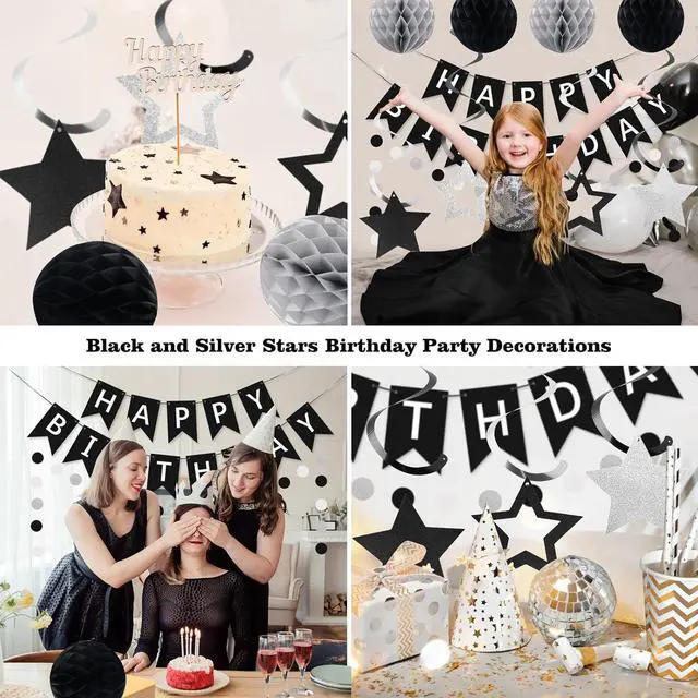 Alt view image 4 of 7 - meowtastic Birthday Decorations, Happy Birthday Banner with Honeycomb Balls, Star Hanging Swirl Streamer, Circle Dot Garland, Happy Birthday Party Decoration for Women Men Boys Girls (Black & Silver)
