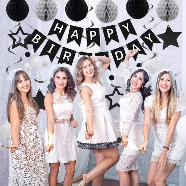 Alt view image 5 of 7 - meowtastic Birthday Decorations, Happy Birthday Banner with Honeycomb Balls, Star Hanging Swirl Streamer, Circle Dot Garland, Happy Birthday Party Decoration for Women Men Boys Girls (Black & Silver)