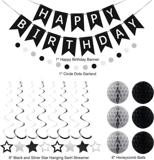 Alt view image 6 of 7 - meowtastic Birthday Decorations, Happy Birthday Banner with Honeycomb Balls, Star Hanging Swirl Streamer, Circle Dot Garland, Happy Birthday Party Decoration for Women Men Boys Girls (Black & Silver)