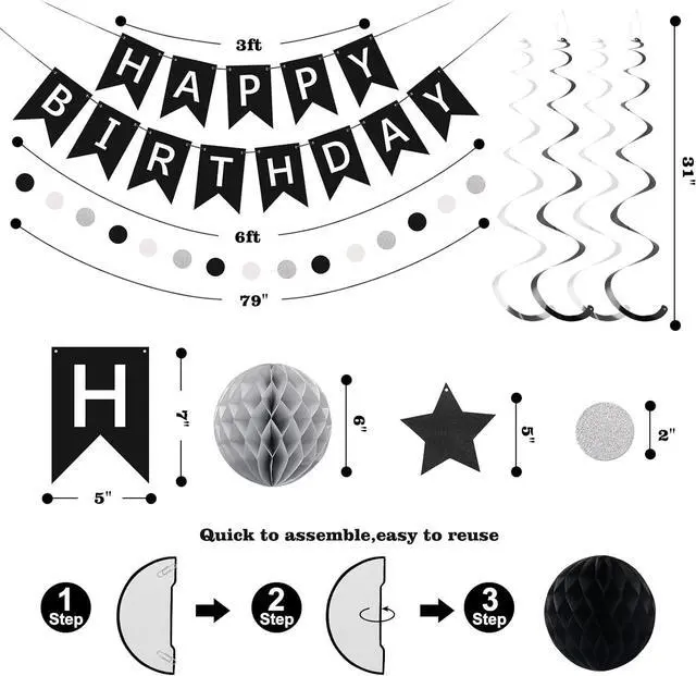 Alt view image 7 of 7 - meowtastic Birthday Decorations, Happy Birthday Banner with Honeycomb Balls, Star Hanging Swirl Streamer, Circle Dot Garland, Happy Birthday Party Decoration for Women Men Boys Girls (Black & Silver)