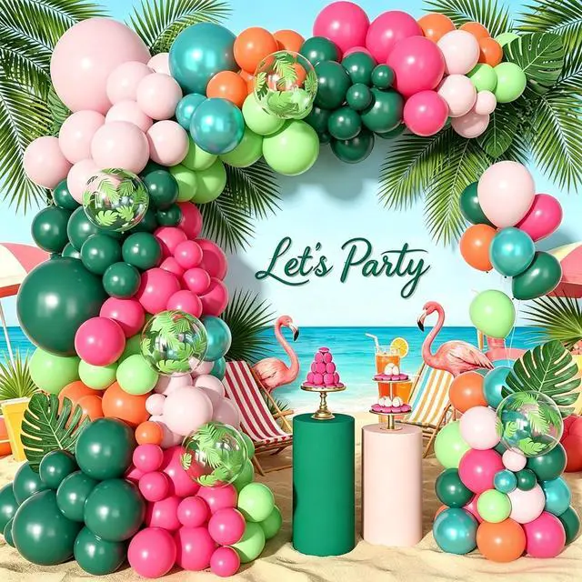 Main image of Ouddy Life 156pcs Tropical Balloons Arch Garland Kit, Hawaiian Summer Luau Party Decorations, Hot Pink Dark Green Orange Palm Leaves Balloons for Aloha Flamingo Beach Pool Baby Shower Birthday Decor