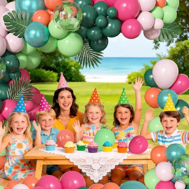 Alt view image 5 of 7 - Ouddy Life 156pcs Tropical Balloons Arch Garland Kit, Hawaiian Summer Luau Party Decorations, Hot Pink Dark Green Orange Palm Leaves Balloons for Aloha Flamingo Beach Pool Baby Shower Birthday Decor