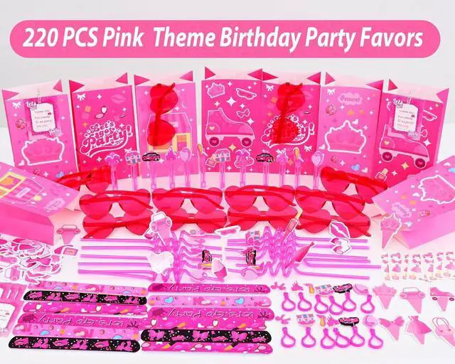Alt view image 2 of 6 - 220PCS Pink Party Favors Kit for Girls Birthday Supplies Includes Glasses, Straws, Bubble Wands, Treat Bags & More Perfect for Party Decorations & Pinata Fillers