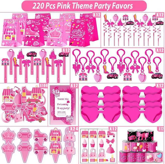 Alt view image 3 of 6 - 220PCS Pink Party Favors Kit for Girls Birthday Supplies Includes Glasses, Straws, Bubble Wands, Treat Bags & More Perfect for Party Decorations & Pinata Fillers
