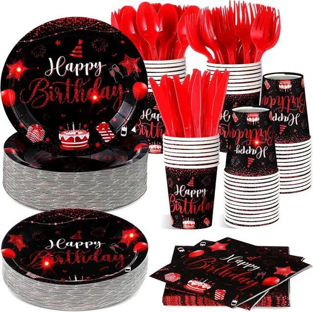 Main image of Vesici 350 Pcs Happy Birthday Party Supplies Disposable Party Tableware Set Serves 50 Included Plates Napkins Cups Cutlery for Men Woman 50th 80th Birthday Party Decorations (Black Red)