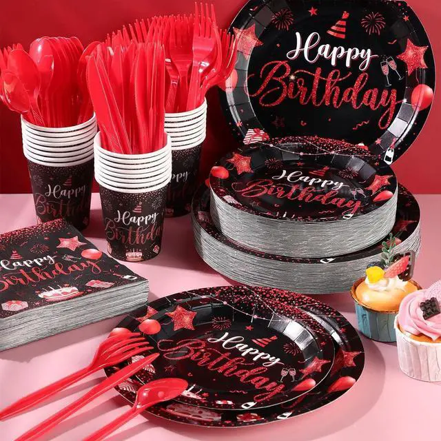 Alt view image 2 of 6 - Vesici 350 Pcs Happy Birthday Party Supplies Disposable Party Tableware Set Serves 50 Included Plates Napkins Cups Cutlery for Men Woman 50th 80th Birthday Party Decorations (Black Red)