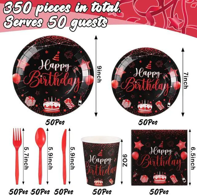 Alt view image 3 of 6 - Vesici 350 Pcs Happy Birthday Party Supplies Disposable Party Tableware Set Serves 50 Included Plates Napkins Cups Cutlery for Men Woman 50th 80th Birthday Party Decorations (Black Red)