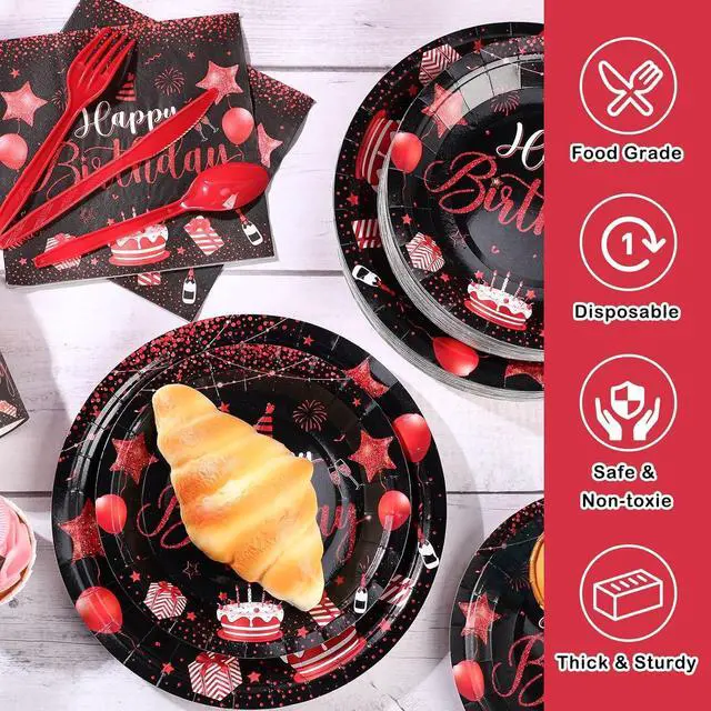 Alt view image 4 of 6 - Vesici 350 Pcs Happy Birthday Party Supplies Disposable Party Tableware Set Serves 50 Included Plates Napkins Cups Cutlery for Men Woman 50th 80th Birthday Party Decorations (Black Red)
