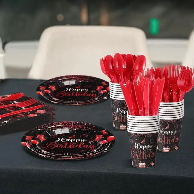 Alt view image 5 of 6 - Vesici 350 Pcs Happy Birthday Party Supplies Disposable Party Tableware Set Serves 50 Included Plates Napkins Cups Cutlery for Men Woman 50th 80th Birthday Party Decorations (Black Red)