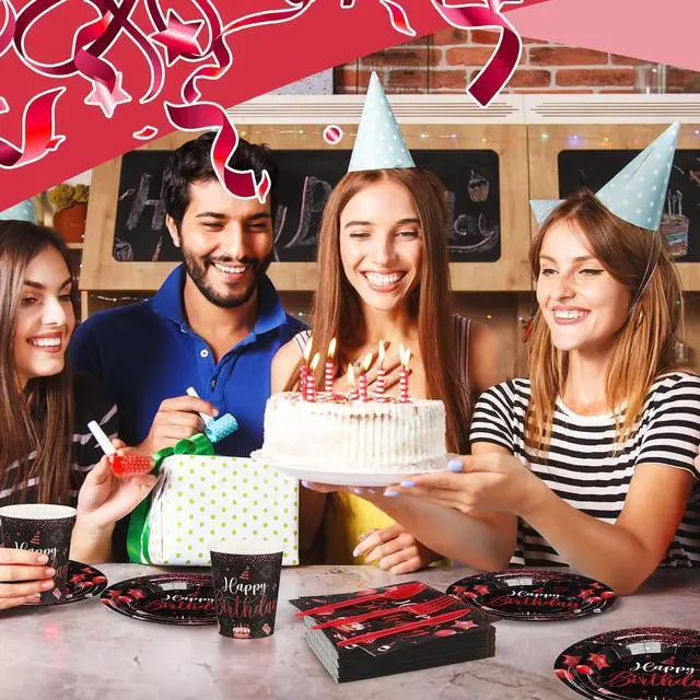 Alt view image 6 of 6 - Vesici 350 Pcs Happy Birthday Party Supplies Disposable Party Tableware Set Serves 50 Included Plates Napkins Cups Cutlery for Men Woman 50th 80th Birthday Party Decorations (Black Red)