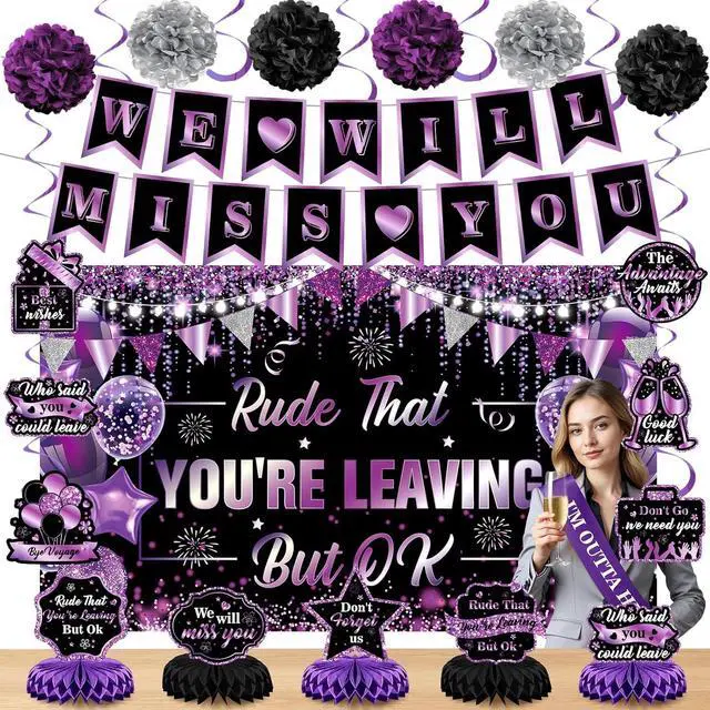 Main image of Purple Black Farewell Party Decorations We Will Miss You Rude That You're Leaving But Ok Banner Honeycomb Centerpiece Hanging Swirls for Coworker Employee Leaving Goodbye Going Away Party Supplies