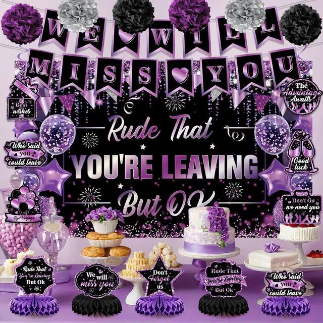 Alt view image 2 of 6 - Purple Black Farewell Party Decorations We Will Miss You Rude That You're Leaving But Ok Banner Honeycomb Centerpiece Hanging Swirls for Coworker Employee Leaving Goodbye Going Away Party Supplies