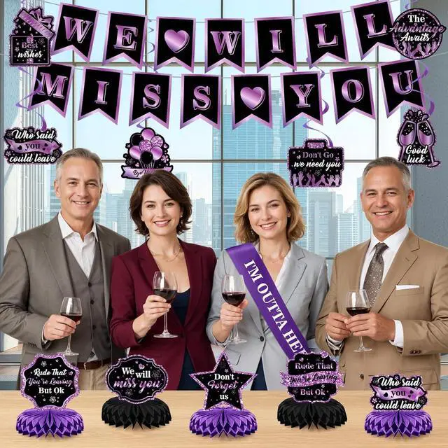 Alt view image 4 of 6 - Purple Black Farewell Party Decorations We Will Miss You Rude That You're Leaving But Ok Banner Honeycomb Centerpiece Hanging Swirls for Coworker Employee Leaving Goodbye Going Away Party Supplies