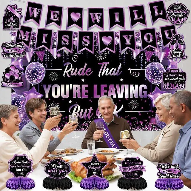 Alt view image 5 of 6 - Purple Black Farewell Party Decorations We Will Miss You Rude That You're Leaving But Ok Banner Honeycomb Centerpiece Hanging Swirls for Coworker Employee Leaving Goodbye Going Away Party Supplies