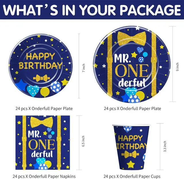 Alt view image 2 of 7 - APOWBLS Mr Onederful First Birthday Decorations Tableware Boy, Baby Boy Onederful 1st Birthday Party Supplies, Paper Plate, Cup, Napkin, Tablecloth, Cutlery | Serves 24