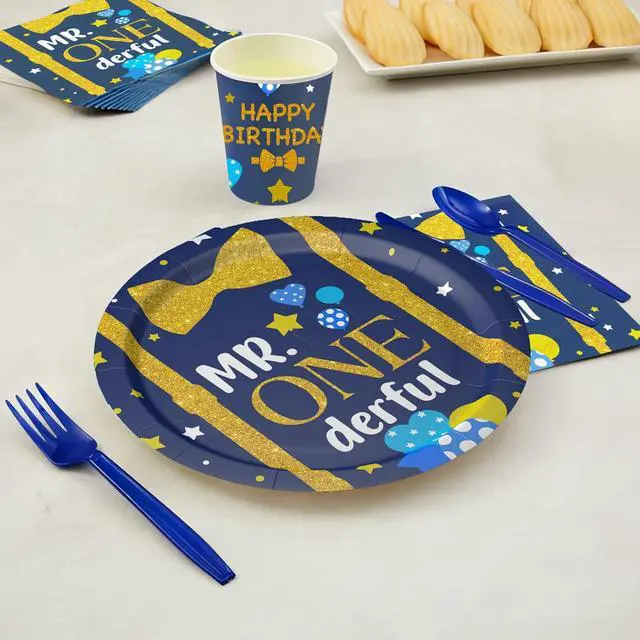 Alt view image 4 of 7 - APOWBLS Mr Onederful First Birthday Decorations Tableware Boy, Baby Boy Onederful 1st Birthday Party Supplies, Paper Plate, Cup, Napkin, Tablecloth, Cutlery | Serves 24
