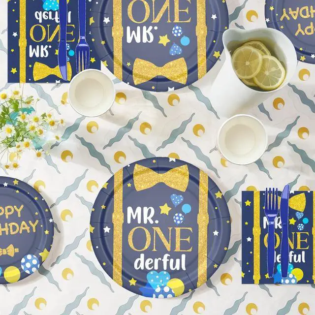 Alt view image 5 of 7 - APOWBLS Mr Onederful First Birthday Decorations Tableware Boy, Baby Boy Onederful 1st Birthday Party Supplies, Paper Plate, Cup, Napkin, Tablecloth, Cutlery | Serves 24