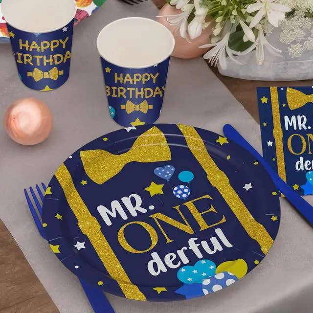 Alt view image 7 of 7 - APOWBLS Mr Onederful First Birthday Decorations Tableware Boy, Baby Boy Onederful 1st Birthday Party Supplies, Paper Plate, Cup, Napkin, Tablecloth, Cutlery | Serves 24