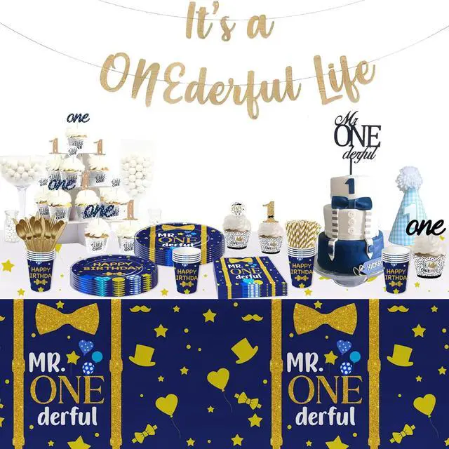 Alt view image 6 of 7 - APOWBLS Mr Onederful First Birthday Decorations Tableware Boy, Baby Boy Onederful 1st Birthday Party Supplies, Paper Plate, Cup, Napkin, Tablecloth, Cutlery | Serves 24