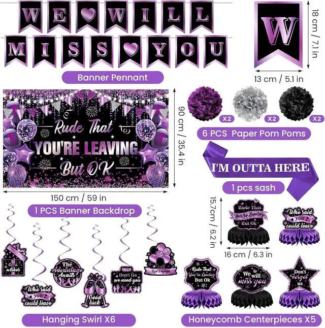 Alt view image 3 of 6 - Purple Black Farewell Party Decorations We Will Miss You Rude That You're Leaving But Ok Banner Honeycomb Centerpiece Hanging Swirls for Coworker Employee Leaving Goodbye Going Away Party Supplies