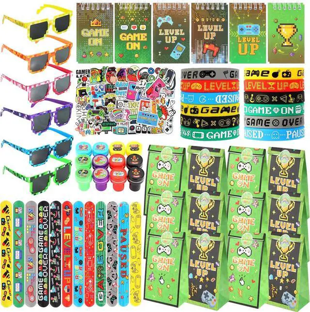 Main image of LiYiQ 122 Pcs Video Game Party Favors With Video Game Sunglasses Slap Bracelets Notebook Stamps Stickers and Gift Bag for Video Game Gamer Birthday Party Supplies