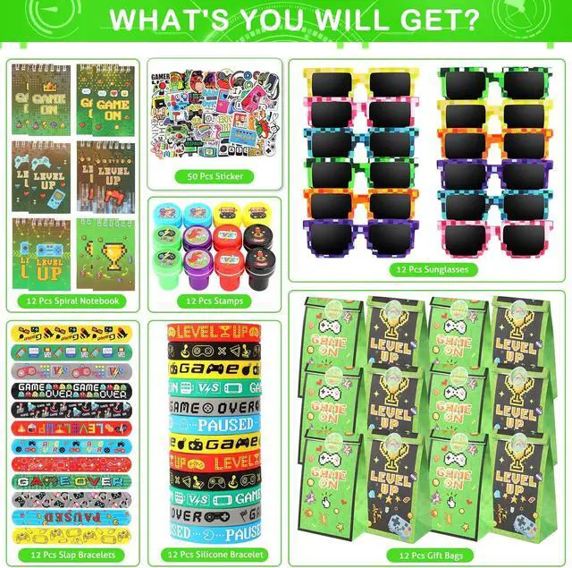 Alt view image 2 of 5 - LiYiQ 122 Pcs Video Game Party Favors With Video Game Sunglasses Slap Bracelets Notebook Stamps Stickers and Gift Bag for Video Game Gamer Birthday Party Supplies
