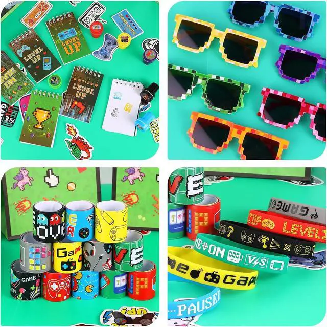 Alt view image 4 of 5 - LiYiQ 122 Pcs Video Game Party Favors With Video Game Sunglasses Slap Bracelets Notebook Stamps Stickers and Gift Bag for Video Game Gamer Birthday Party Supplies
