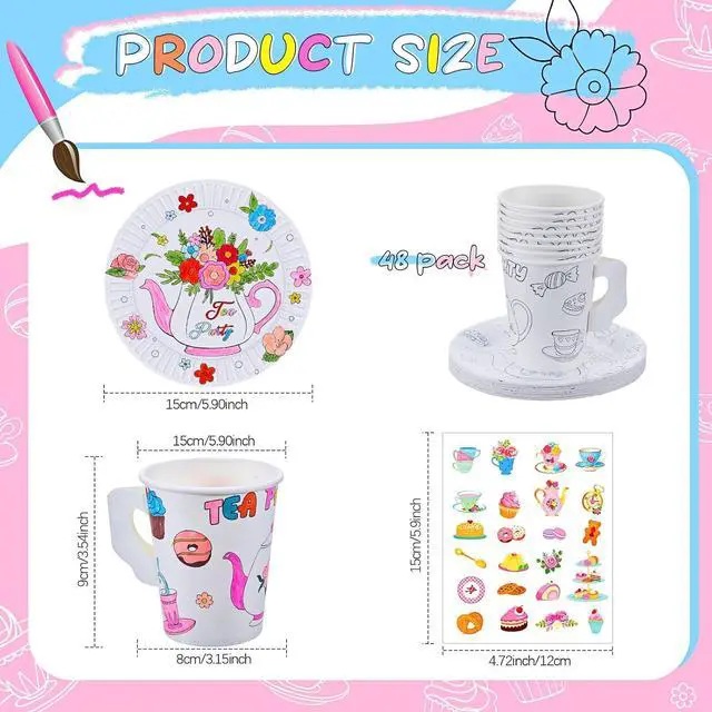 Alt view image 2 of 7 - Lenwen 24 Set Color Your Own Tea Party Cups with Handle, DIY Coloring 8 oz Treat Paper Cups and Plates Snack Dessert Ice Cream Teacup Includes Stickers for Party, Decoration and Crafts (Floral)