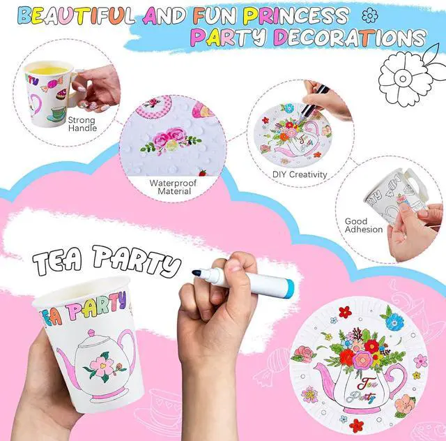 Alt view image 3 of 7 - Lenwen 24 Set Color Your Own Tea Party Cups with Handle, DIY Coloring 8 oz Treat Paper Cups and Plates Snack Dessert Ice Cream Teacup Includes Stickers for Party, Decoration and Crafts (Floral)