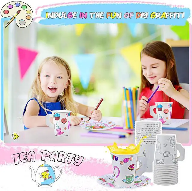 Alt view image 4 of 7 - Lenwen 24 Set Color Your Own Tea Party Cups with Handle, DIY Coloring 8 oz Treat Paper Cups and Plates Snack Dessert Ice Cream Teacup Includes Stickers for Party, Decoration and Crafts (Floral)